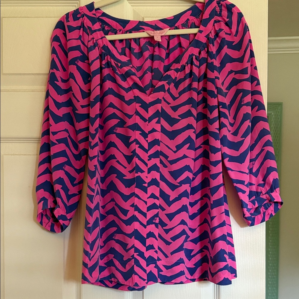 Lilly Pulitzer Pink and Navy Chevron Silk Blouse